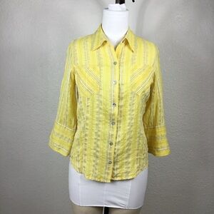 Chicos Women Blouse Size M Linen Blend 3/4 Sleeve Yellow  sheer Top Shirt